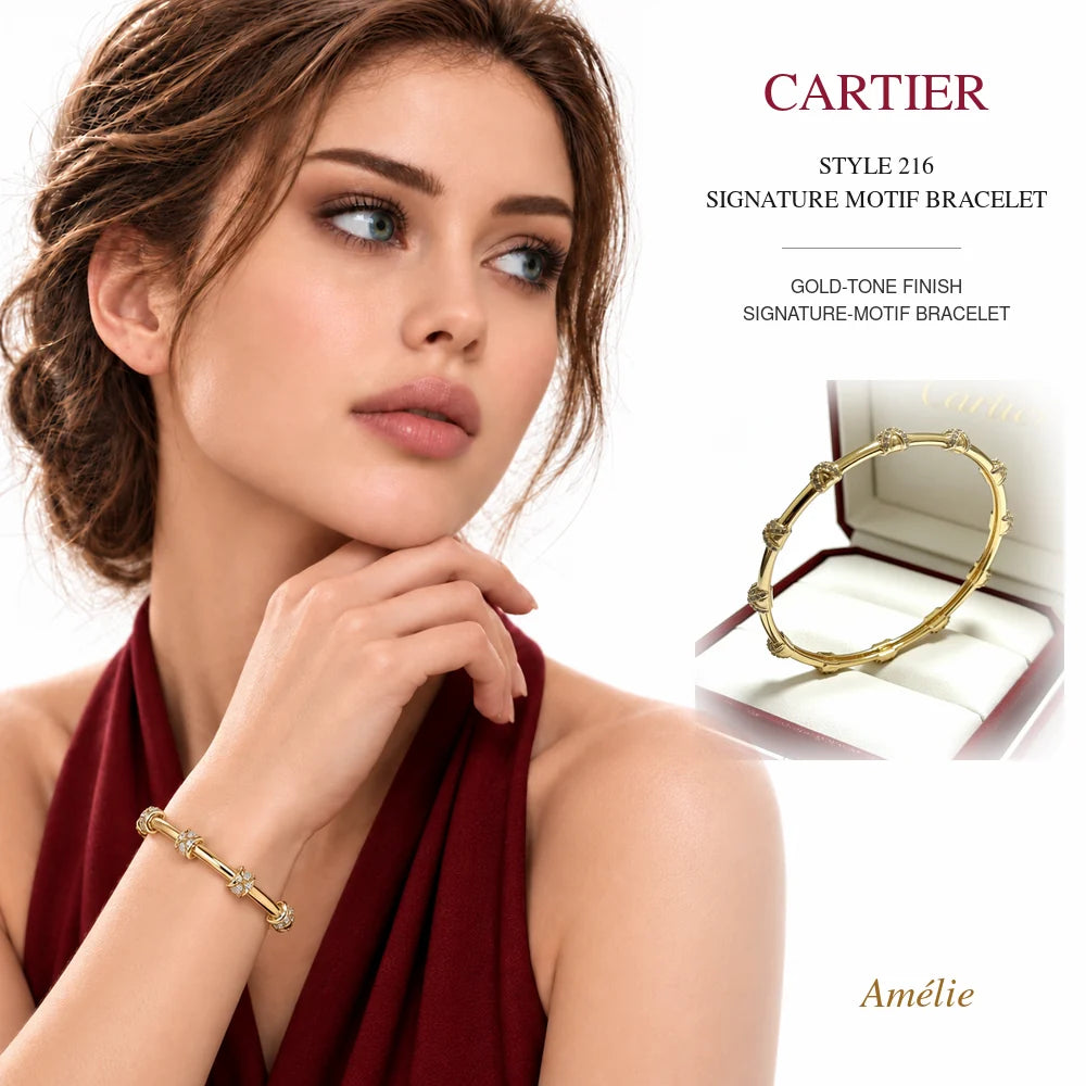 Cartier Style 216 Gold-Tone Signature-Motif Bracelet worn by model with matching product close-up on white background