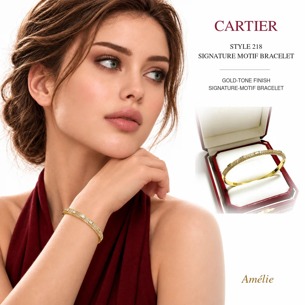 Cartier Style 218 Gold-Tone Signature-Motif Bracelet worn by model with matching product close-up on white background