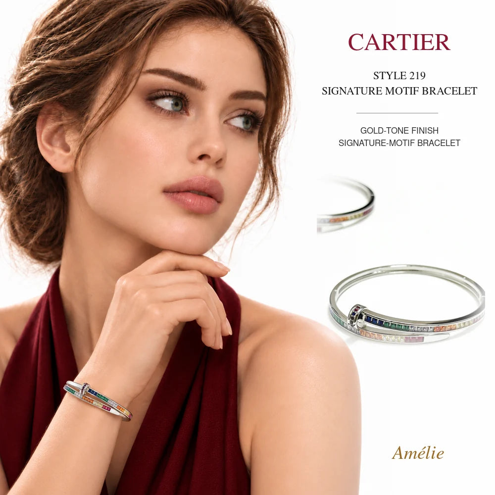 Cartier Style 219 Gold-Tone Signature-Motif Bracelet worn by model with matching product close-up on white background