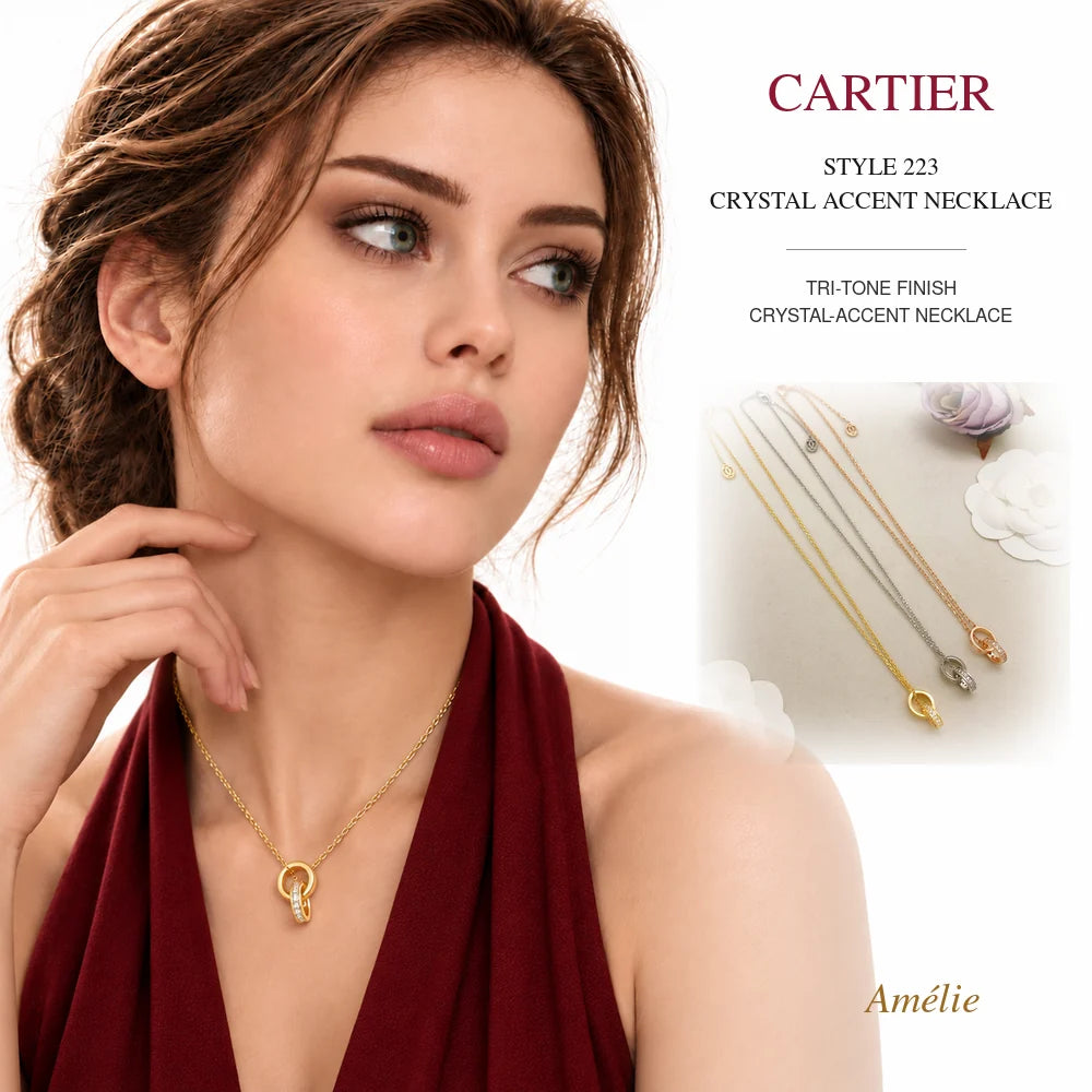 Cartier Style 223 Tri-Tone Crystal-Accent Necklace worn by model with matching product close-up on white background