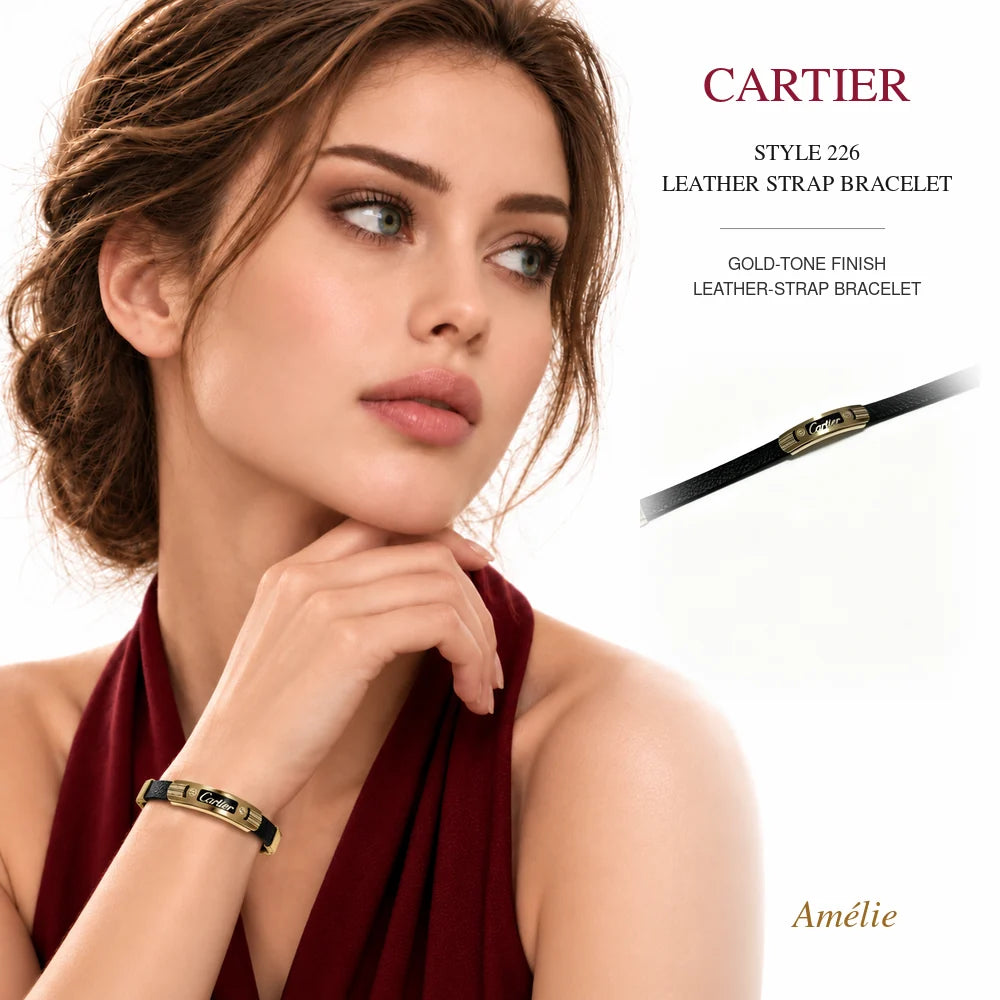 Cartier Style 226 Gold-Tone Leather-Strap Bracelet worn by model with matching product close-up on white background