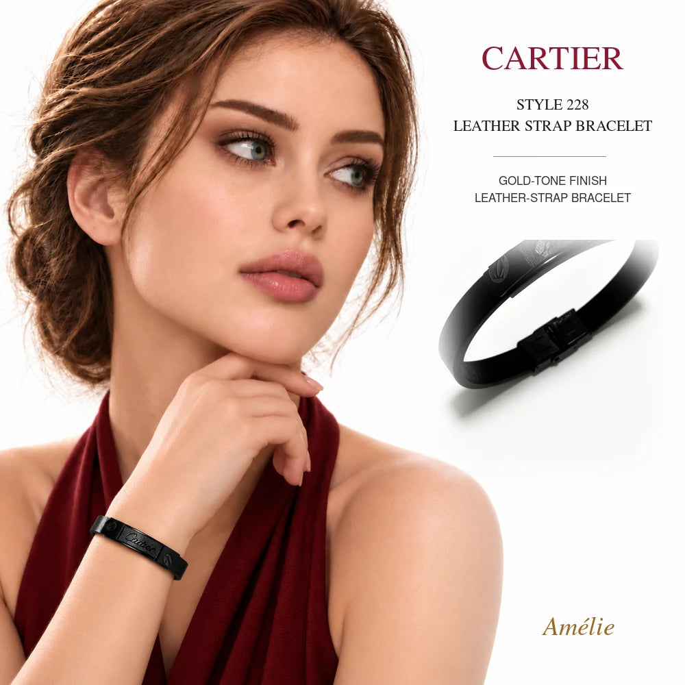 Cartier Style 228 Gold-Tone Leather-Strap Bracelet worn by model with matching product close-up on white background