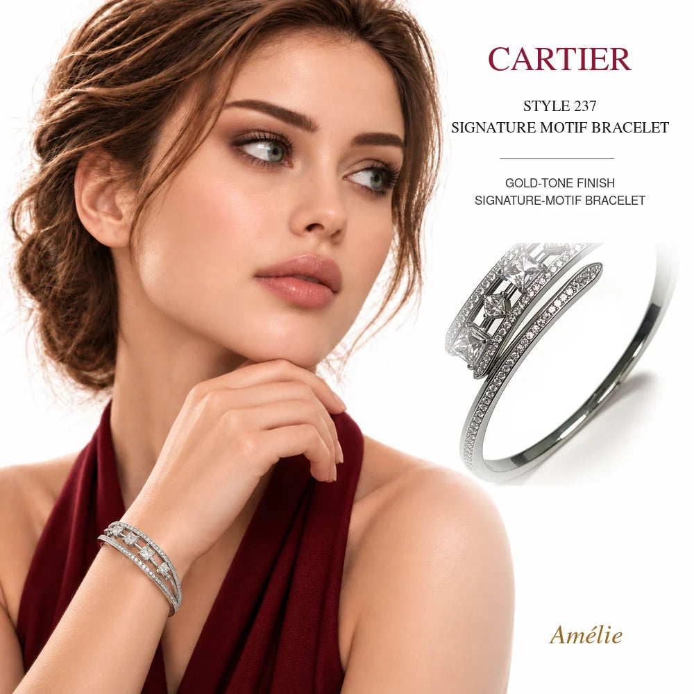 Cartier Style 237 Gold-Tone Signature-Motif Bracelet worn by model with matching product close-up on white background