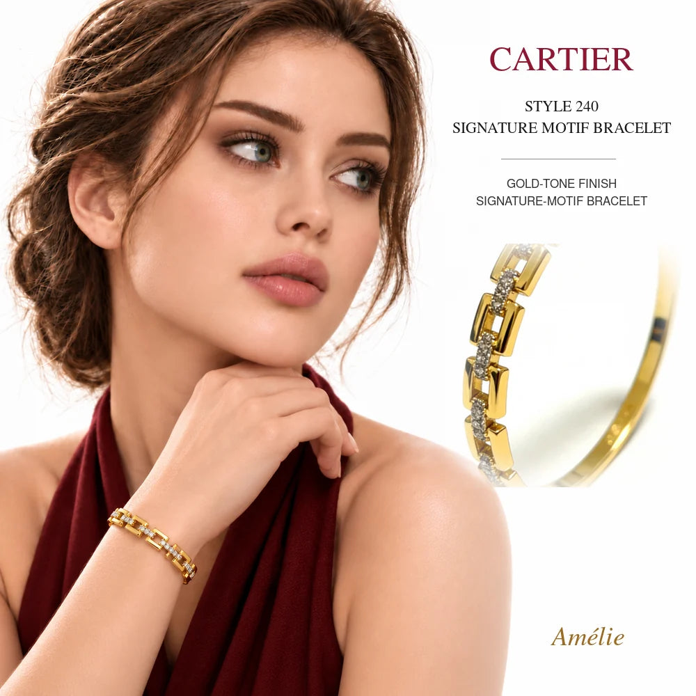 Cartier Style 240 Gold-Tone Signature-Motif Bracelet worn by model with matching product close-up on white background