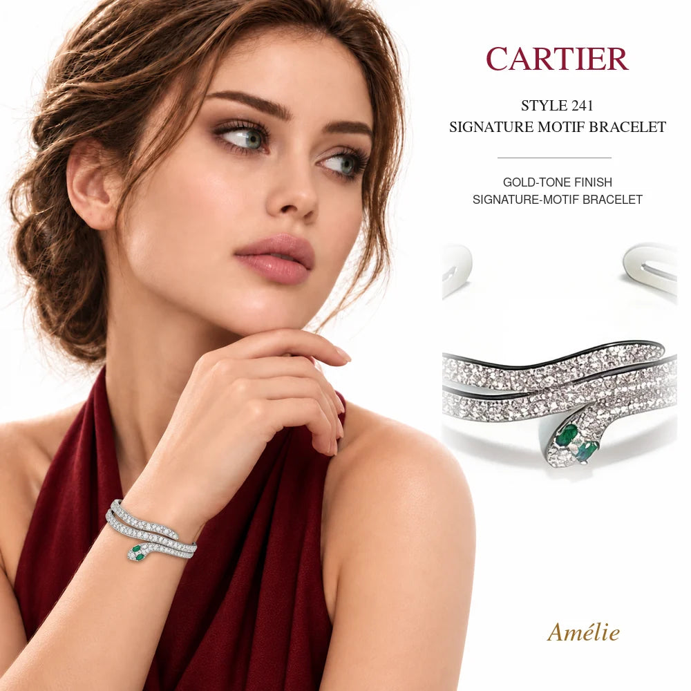 Cartier Style 241 Gold-Tone Signature-Motif Bracelet worn by model with matching product close-up on white background