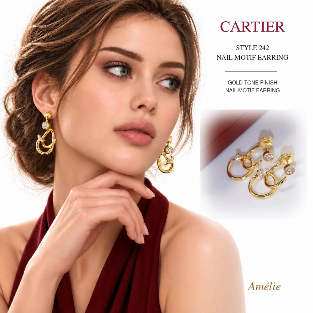 Cartier Style 242 Gold-Tone Nail-Motif Earrings worn by model with matching product close-up on white background