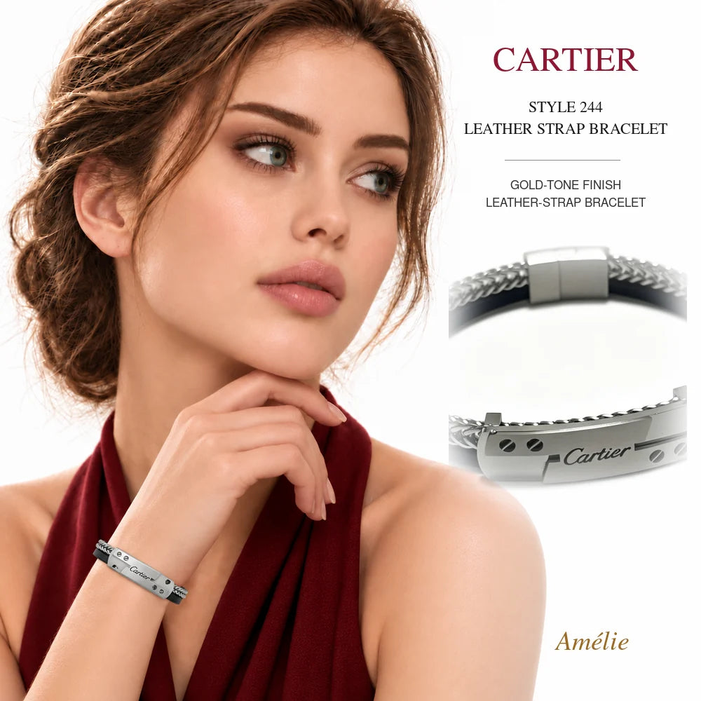 Cartier Style 244 Gold-Tone Leather-Strap Bracelet worn by model with matching product close-up on white background