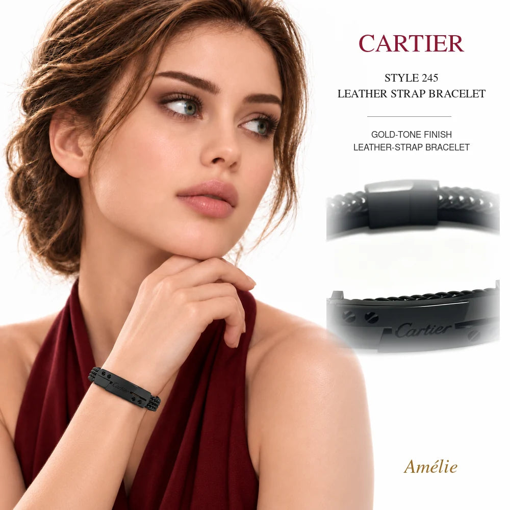 Cartier Style 245 Gold-Tone Leather-Strap Bracelet worn by model with matching product close-up on white background