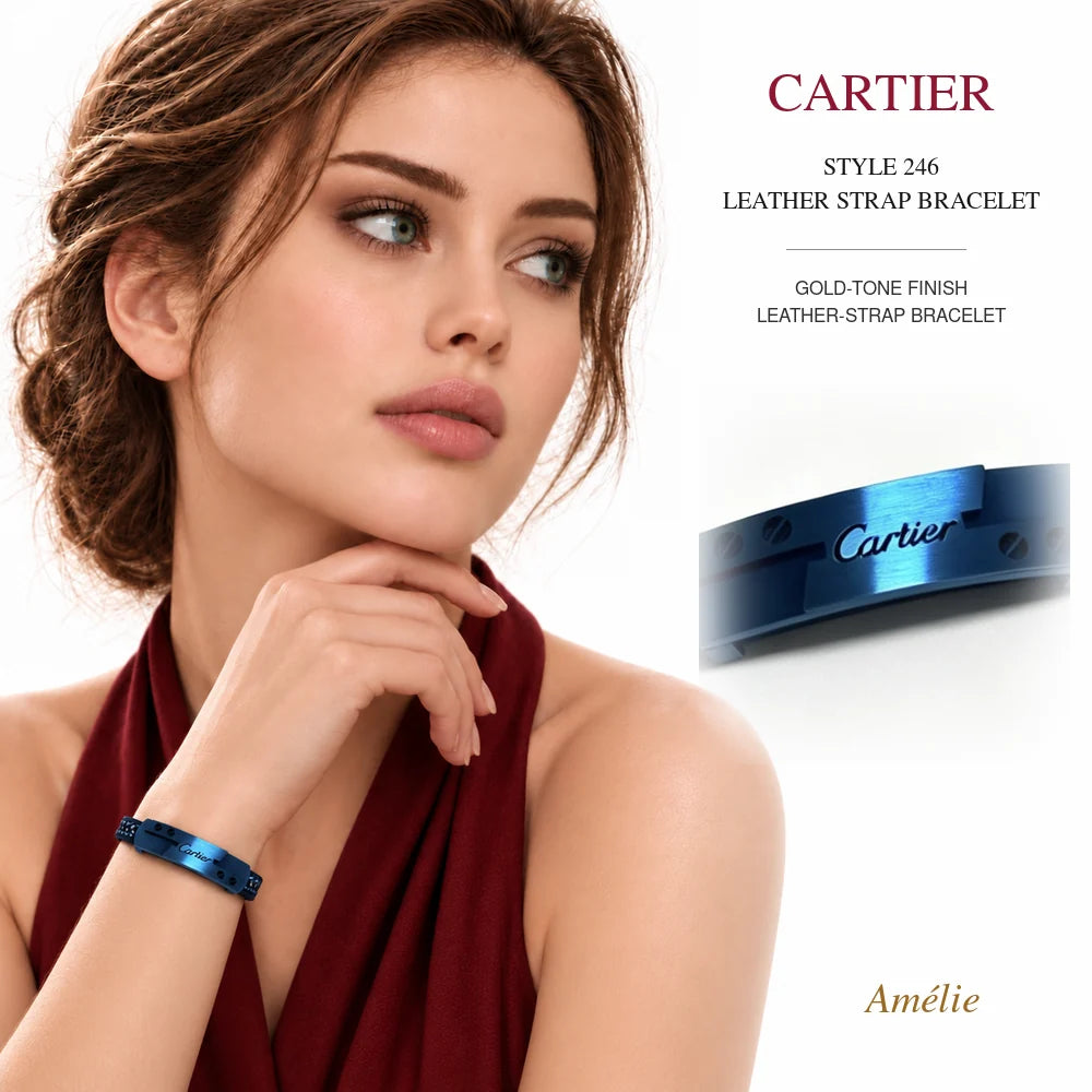 Cartier Style 246 Gold-Tone Leather-Strap Bracelet worn by model with matching product close-up on white background