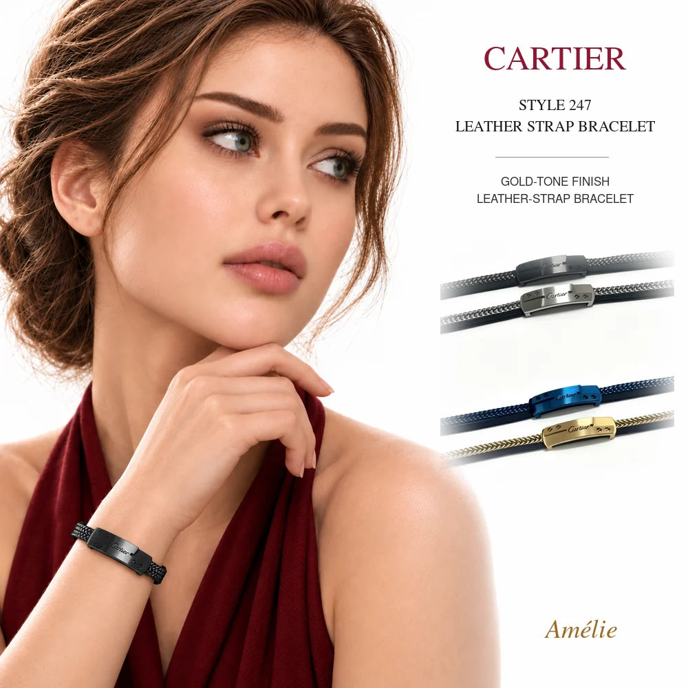Cartier Style 247 Gold-Tone Leather-Strap Bracelet worn by model with matching product close-up on white background