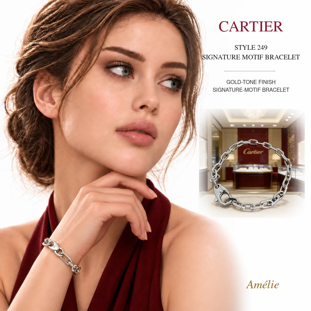 Cartier Style 249 Gold-Tone Signature-Motif Bracelet worn by model with matching product close-up on white background