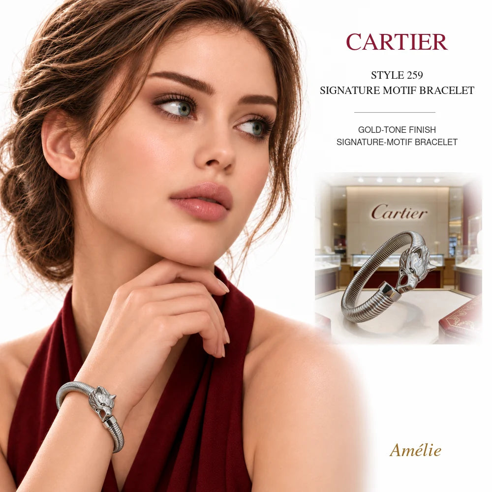 Cartier Style 259 Gold-Tone Signature-Motif Bracelet worn by model with matching product close-up on white background