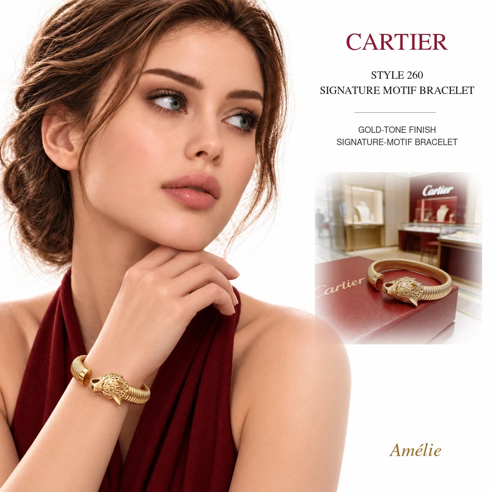 Cartier Style 260 Gold-Tone Signature-Motif Bracelet worn by model with matching product close-up on white background