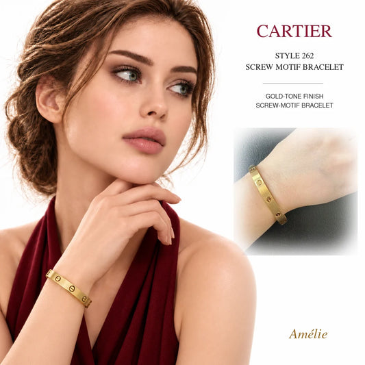 Cartier Style 262 Gold-Tone Screw-Motif Bracelet worn by model with matching product close-up on white background