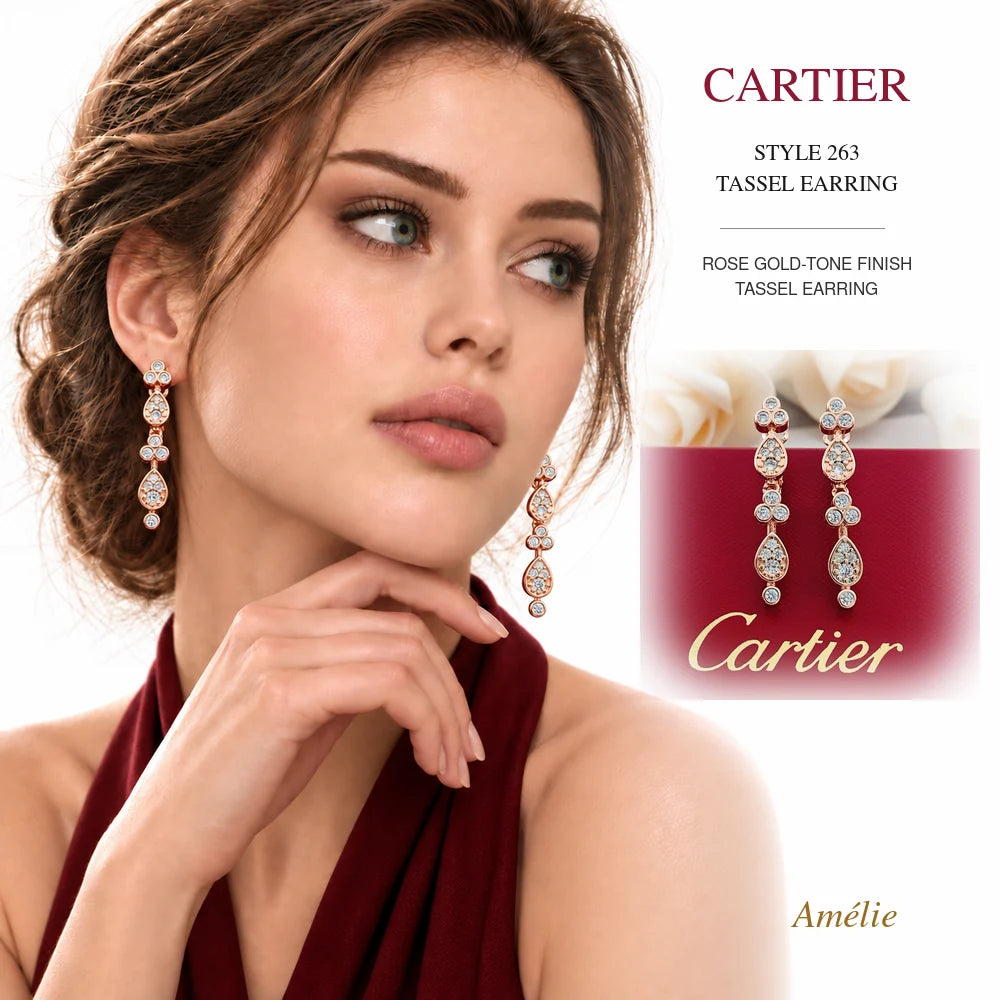 Cartier Style 263 Rose Gold-Tone Tassel Earrings worn by model with matching product close-up on white background