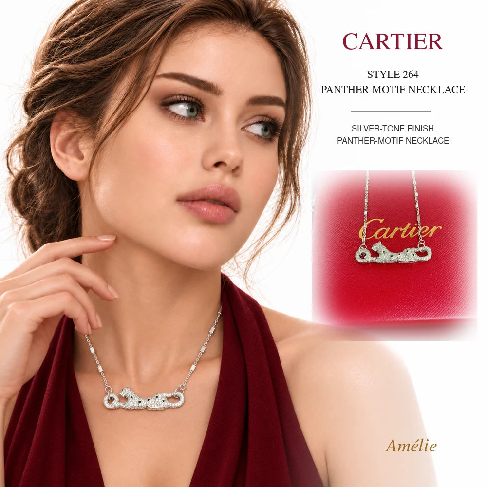 Cartier Style 264 Silver-Tone Panther-Motif Necklace worn by model with matching product close-up on white background