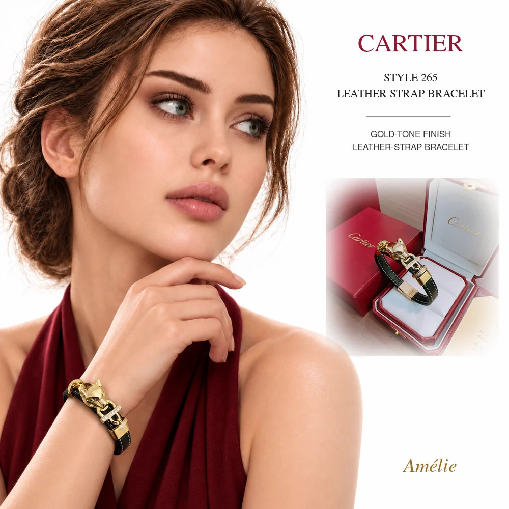 Cartier Style 265 Gold-Tone Leather-Strap Bracelet worn by model with matching product close-up on white background