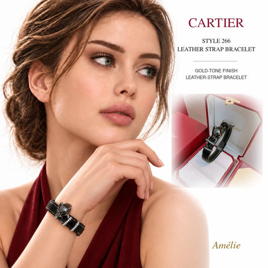 Cartier Style 266 Gold-Tone Leather-Strap Bracelet worn by model with matching product close-up on white background