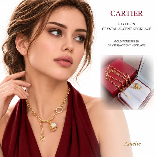 Cartier Style 269 Gold-Tone Crystal-Accent Necklace worn by model with matching product close-up on white background