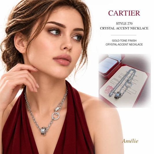 Cartier Style 270 Gold-Tone Crystal-Accent Necklace worn by model with matching product close-up on white background
