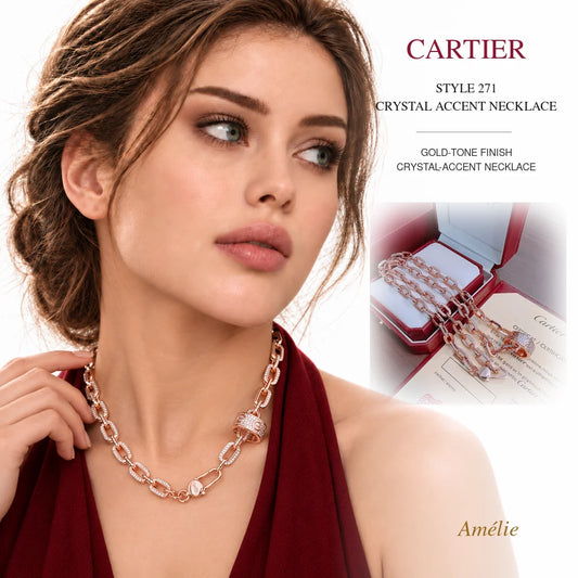 Cartier Style 271 Gold-Tone Crystal-Accent Necklace worn by model with matching product close-up on white background