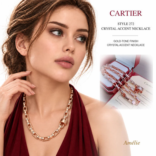 Cartier Style 272 Gold-Tone Crystal-Accent Necklace worn by model with matching product close-up on white background