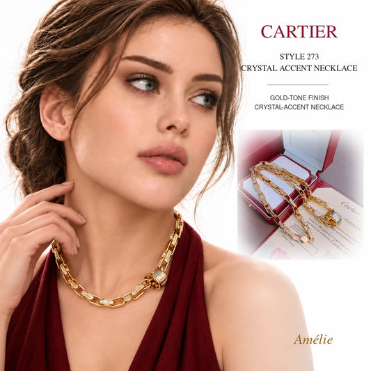 Cartier Style 273 Gold-Tone Crystal-Accent Necklace worn by model with matching product close-up on white background