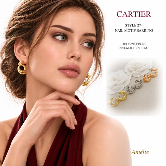 Cartier Style 274 Tri-Tone Nail-Motif Earrings worn by model with matching product close-up on white background
