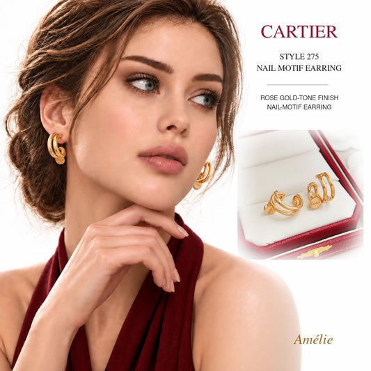 Cartier Style 275 Rose Gold-Tone Nail-Motif Earrings worn by model with matching product close-up on white background