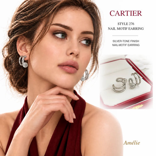 Cartier Style 276 Silver-Tone Nail-Motif Earrings worn by model with matching product close-up on white background