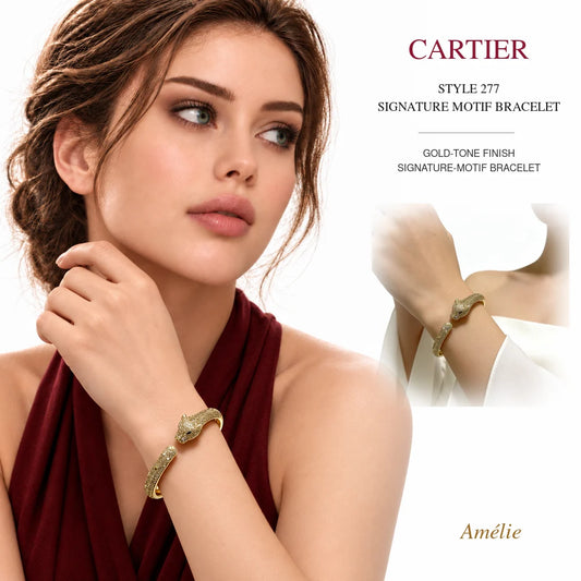 Cartier Style 277 Gold-Tone Signature-Motif Bracelet worn by model with matching product close-up on white background
