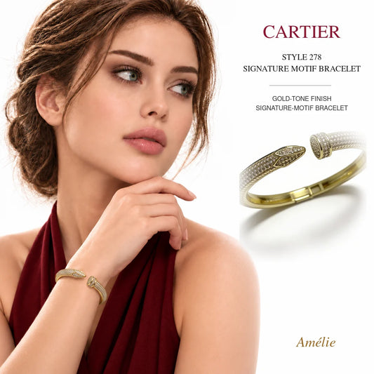 Cartier Style 278 Gold-Tone Signature-Motif Bracelet worn by model with matching product close-up on white background