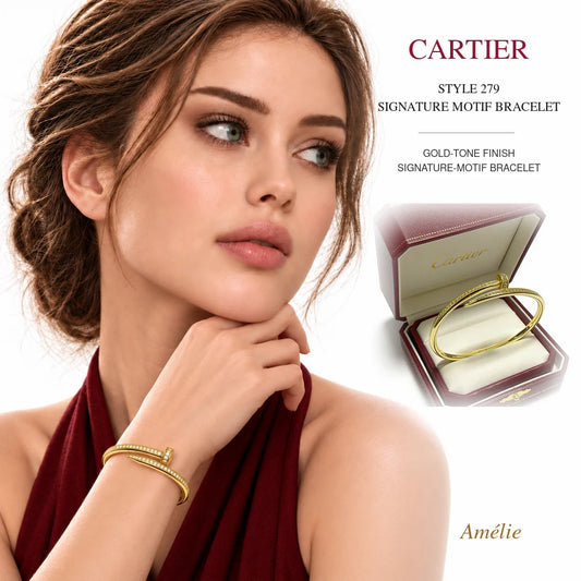 Cartier Style 279 Gold-Tone Signature-Motif Bracelet worn by model with matching product close-up on white background