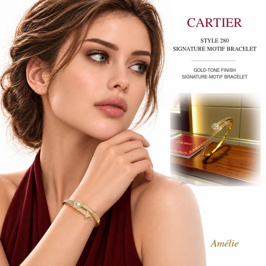 Cartier Style 280 Gold-Tone Signature-Motif Bracelet worn by model with matching product close-up on white background