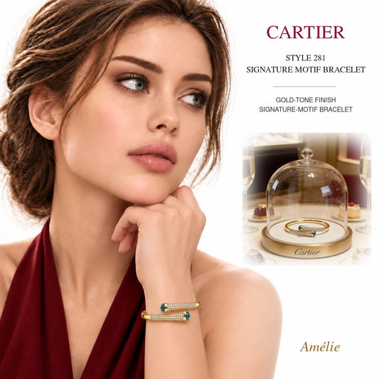 Cartier Style 281 Gold-Tone Signature-Motif Bracelet worn by model with matching product close-up on white background