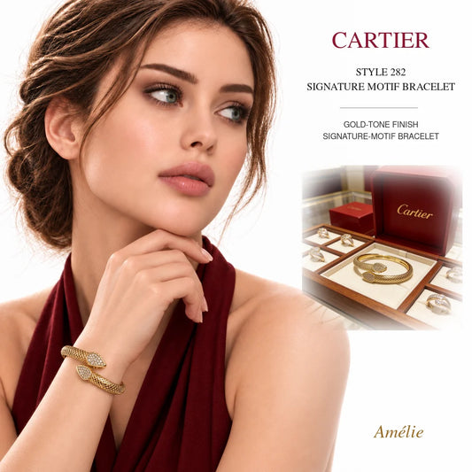 Cartier Style 282 Gold-Tone Signature-Motif Bracelet worn by model with matching product close-up on white background