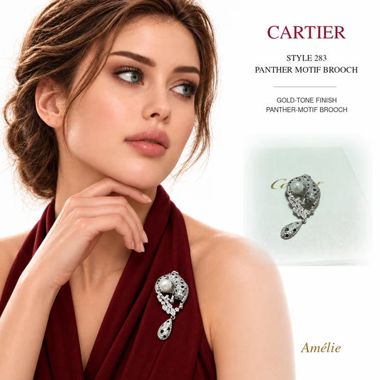 Cartier Style 283 Gold-Tone Panther-Motif Brooch worn by model with matching product close-up on white background
