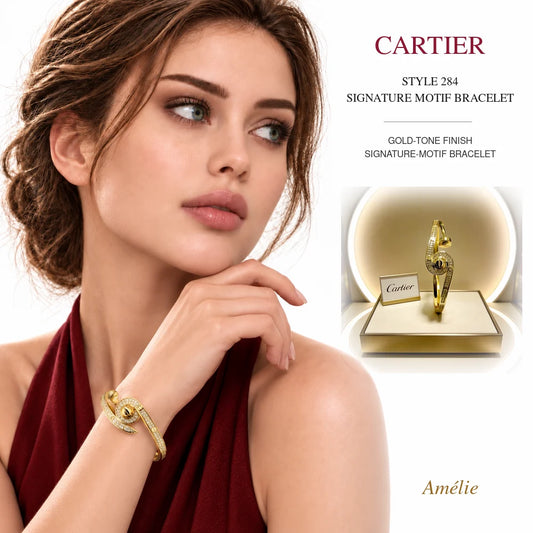 Cartier Style 284 Gold-Tone Signature-Motif Bracelet worn by model with matching product close-up on white background