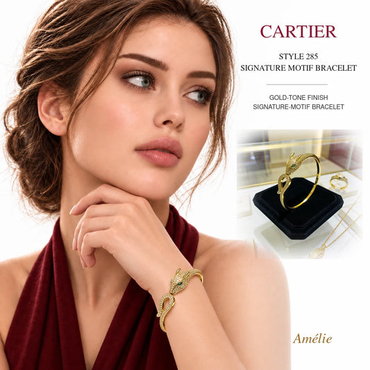 Cartier Style 285 Gold-Tone Signature-Motif Bracelet worn by model with matching product close-up on white background