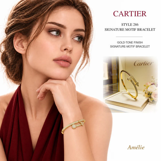 Cartier Style 286 Gold-Tone Signature-Motif Bracelet worn by model with matching product close-up on white background