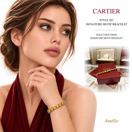 Cartier Style 287 Gold-Tone Signature-Motif Bracelet worn by model with matching product close-up on white background