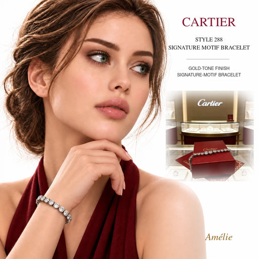 Cartier Style 288 Gold-Tone Signature-Motif Bracelet worn by model with matching product close-up on white background