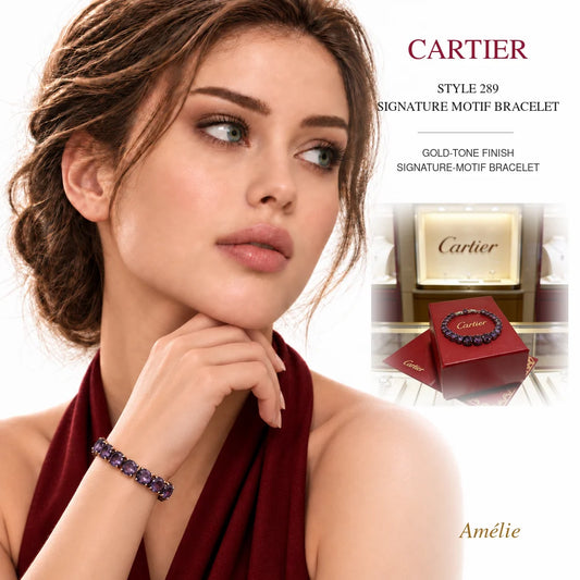 Cartier Style 289 Gold-Tone Signature-Motif Bracelet worn by model with matching product close-up on white background