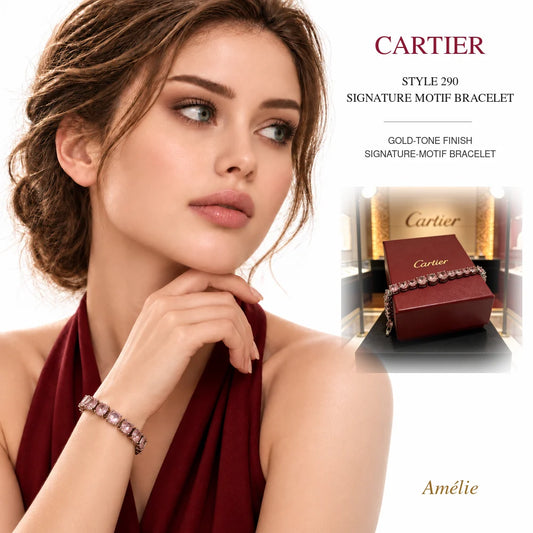 Cartier Style 290 Gold-Tone Signature-Motif Bracelet worn by model with matching product close-up on white background