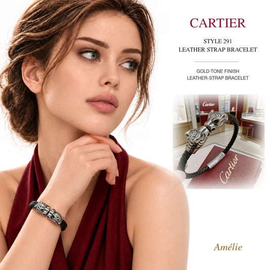 Cartier Style 291 Gold-Tone Leather-Strap Bracelet worn by model with matching product close-up on white background