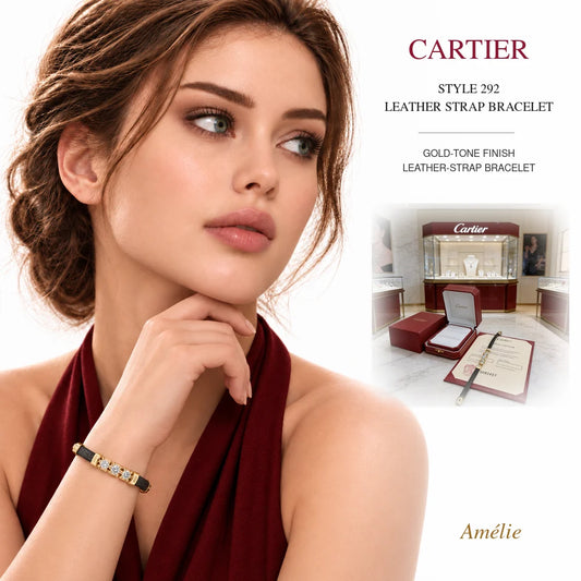Cartier Style 292 Gold-Tone Leather-Strap Bracelet worn by model with matching product close-up on white background