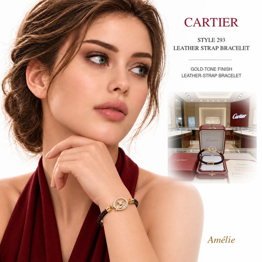 Cartier Style 293 Gold-Tone Leather-Strap Bracelet worn by model with matching product close-up on white background
