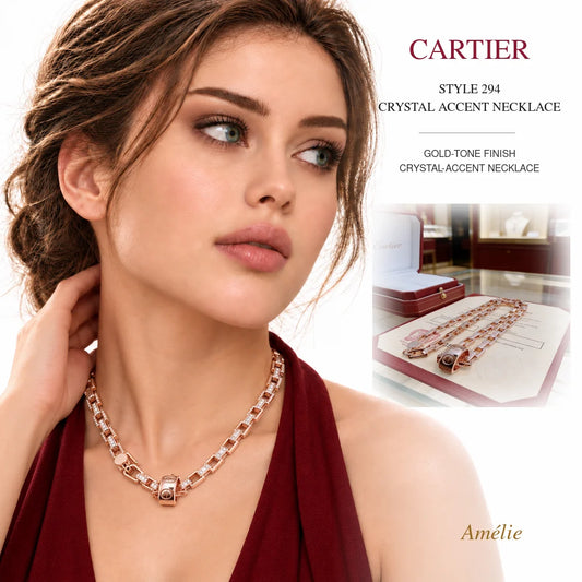 Cartier Style 294 Gold-Tone Crystal-Accent Necklace worn by model with matching product close-up on white background