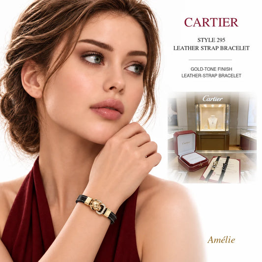 Cartier Style 295 Gold-Tone Leather-Strap Bracelet worn by model with matching product close-up on white background
