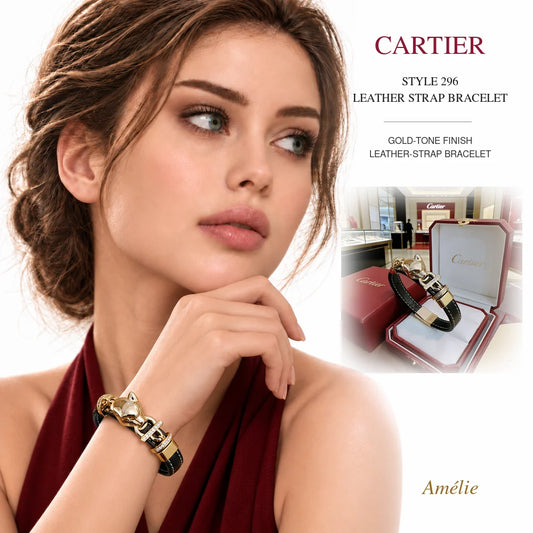 Cartier Style 296 Gold-Tone Leather-Strap Bracelet worn by model with matching product close-up on white background